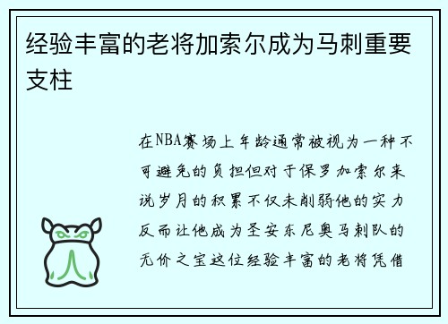 经验丰富的老将加索尔成为马刺重要支柱